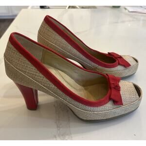 Aerosoles Benefit Women's Peep Toe Heels Red Rattan Comfort Bow Pumps Size 8 EUC